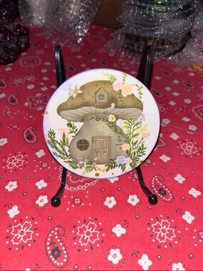 Whimsical Mushroom House Ceramic coasters  - Beige and Green